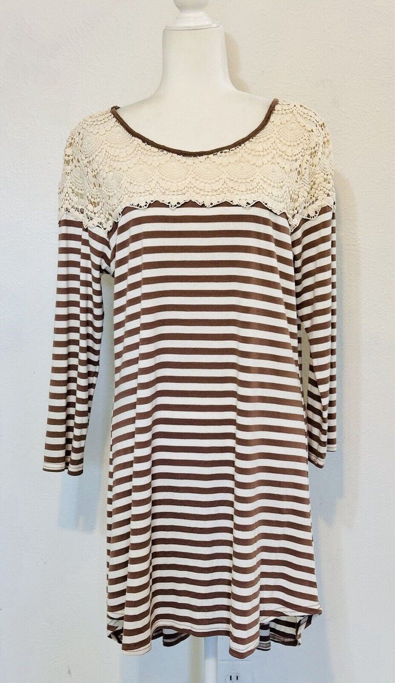 Umgee Women Size L Striped Crochet Lace Yoke Brown/White Dress Boho Everyday
